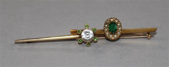 An early 20th century 9ct gold and gem set cluster bar brooch and one other bar brooch (a.f).